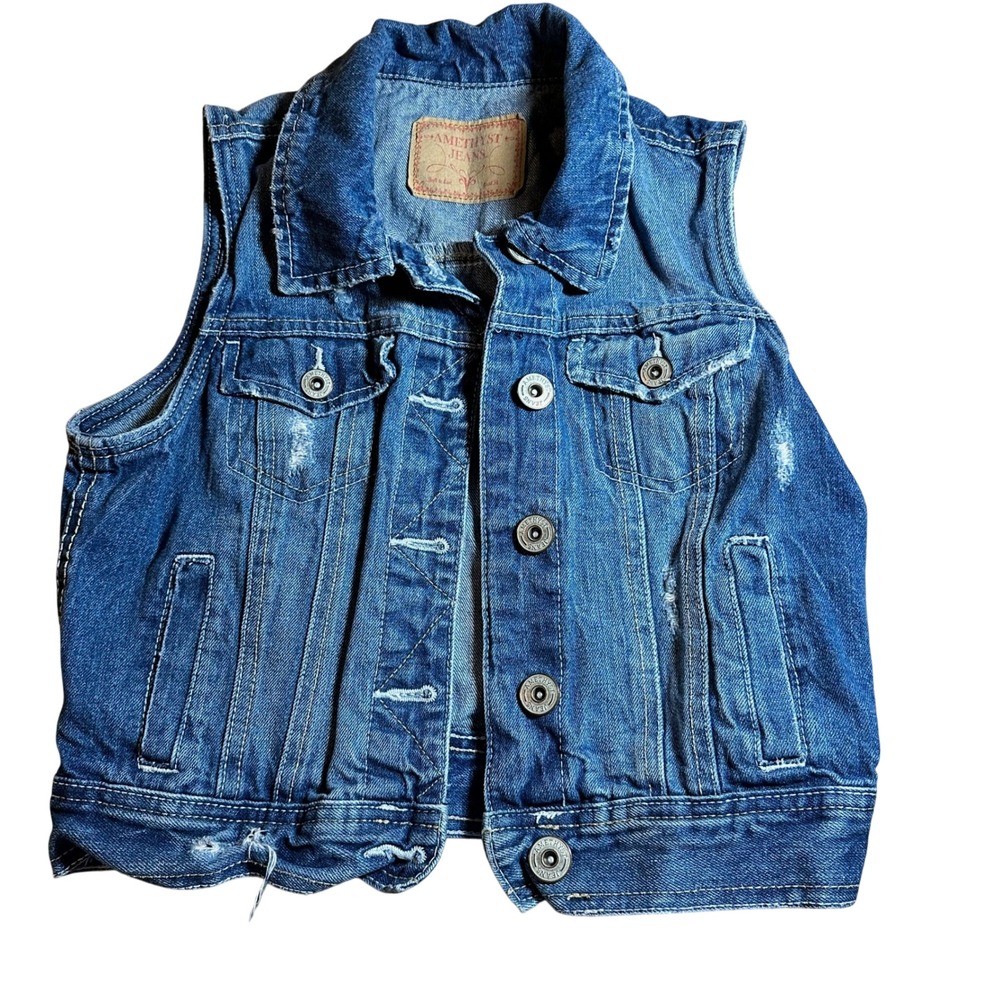 Amethyst‎ Jeans Womens S Wash Distressed Denim Vest Sleeveless Trucker Jacket